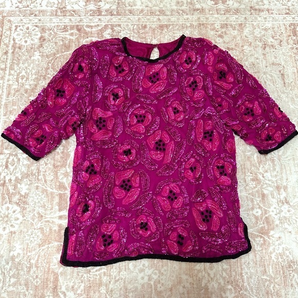Vintage Tops - Vintage 100% Silk Beaded Camellia Sequins Pink Top